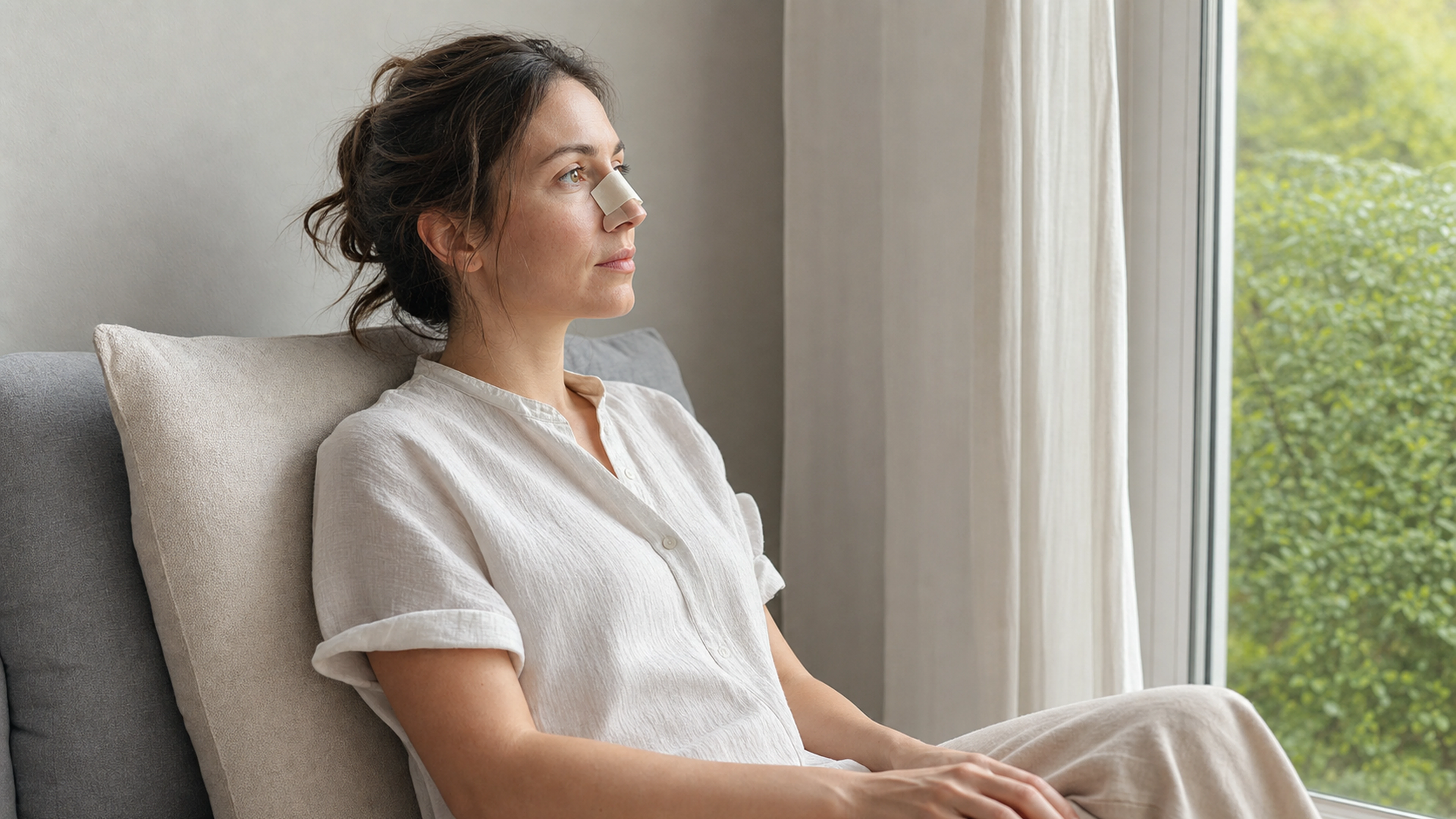 Femme en convalescence après une rhinoplastie, assise près d’une fenêtre avec une attelle nasale
