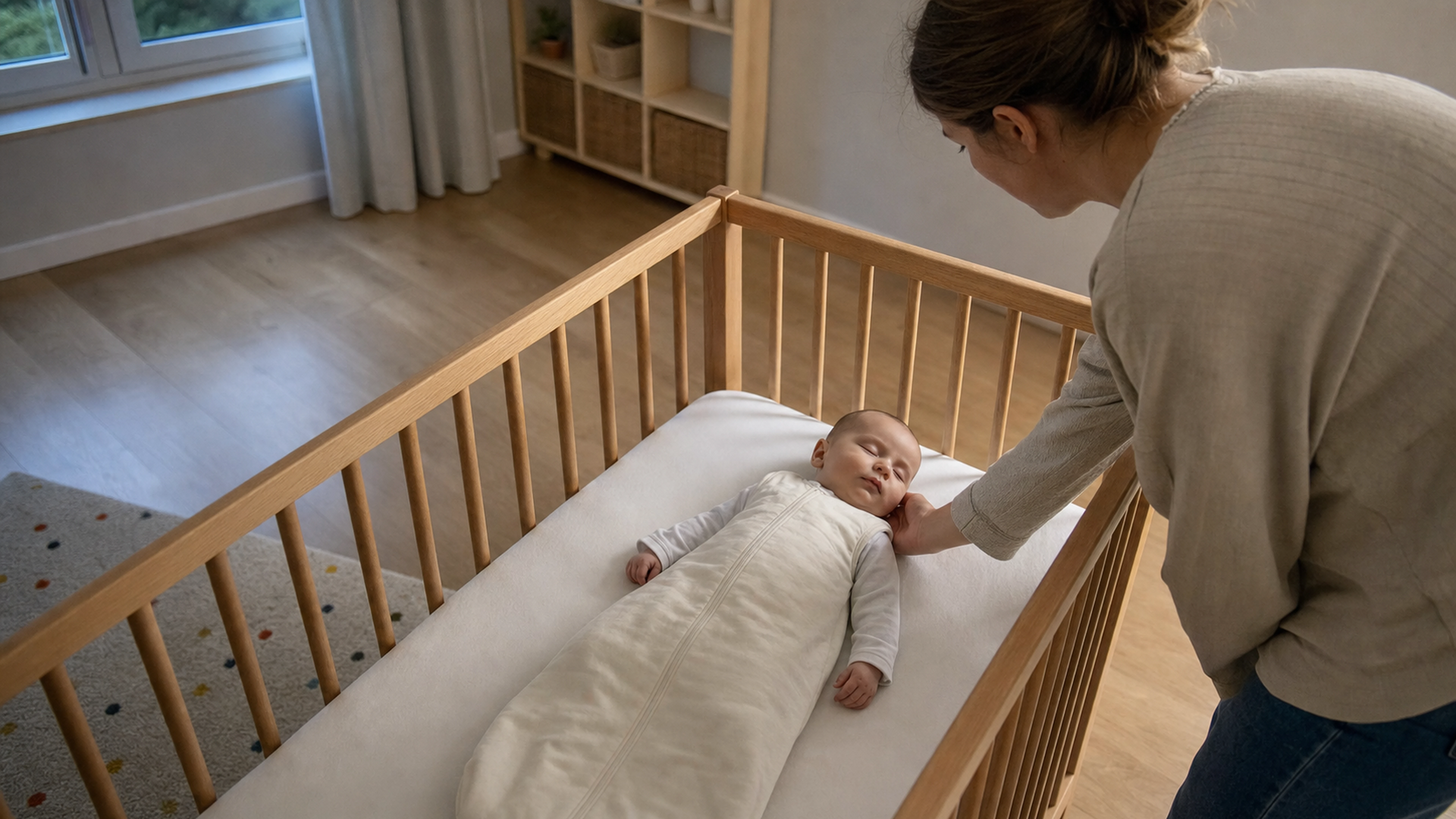 Un parent vérifie la nuque de son bébé endormi dans une gigoteuse, au sein d’une chambre calme