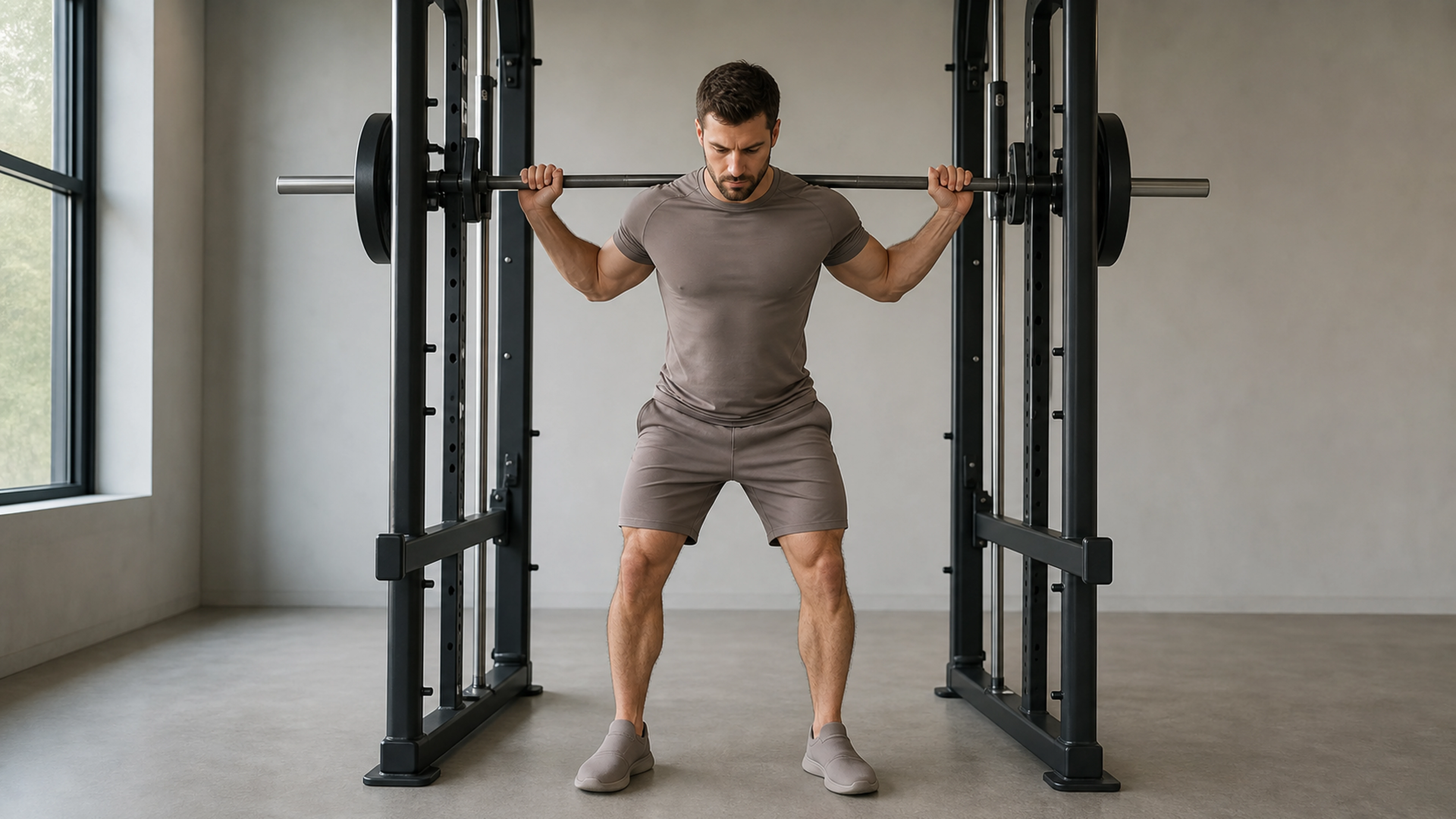 Sportif préparant un squat sur une Smith machine dans une salle éclairée naturellement