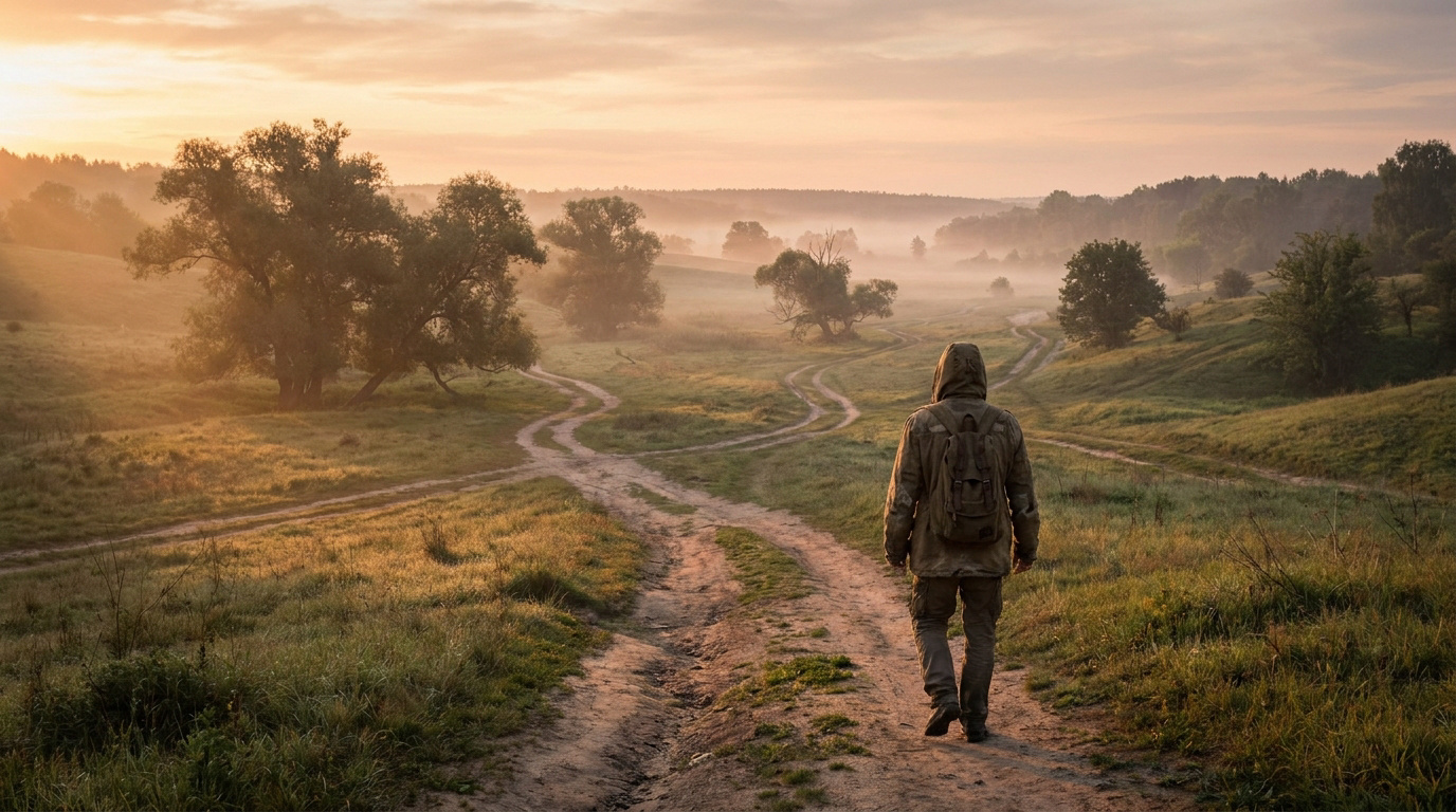 Une personne à capuche et sac à dos marche sur un chemin de terre à travers une campagne brumeuse au lever du soleil.