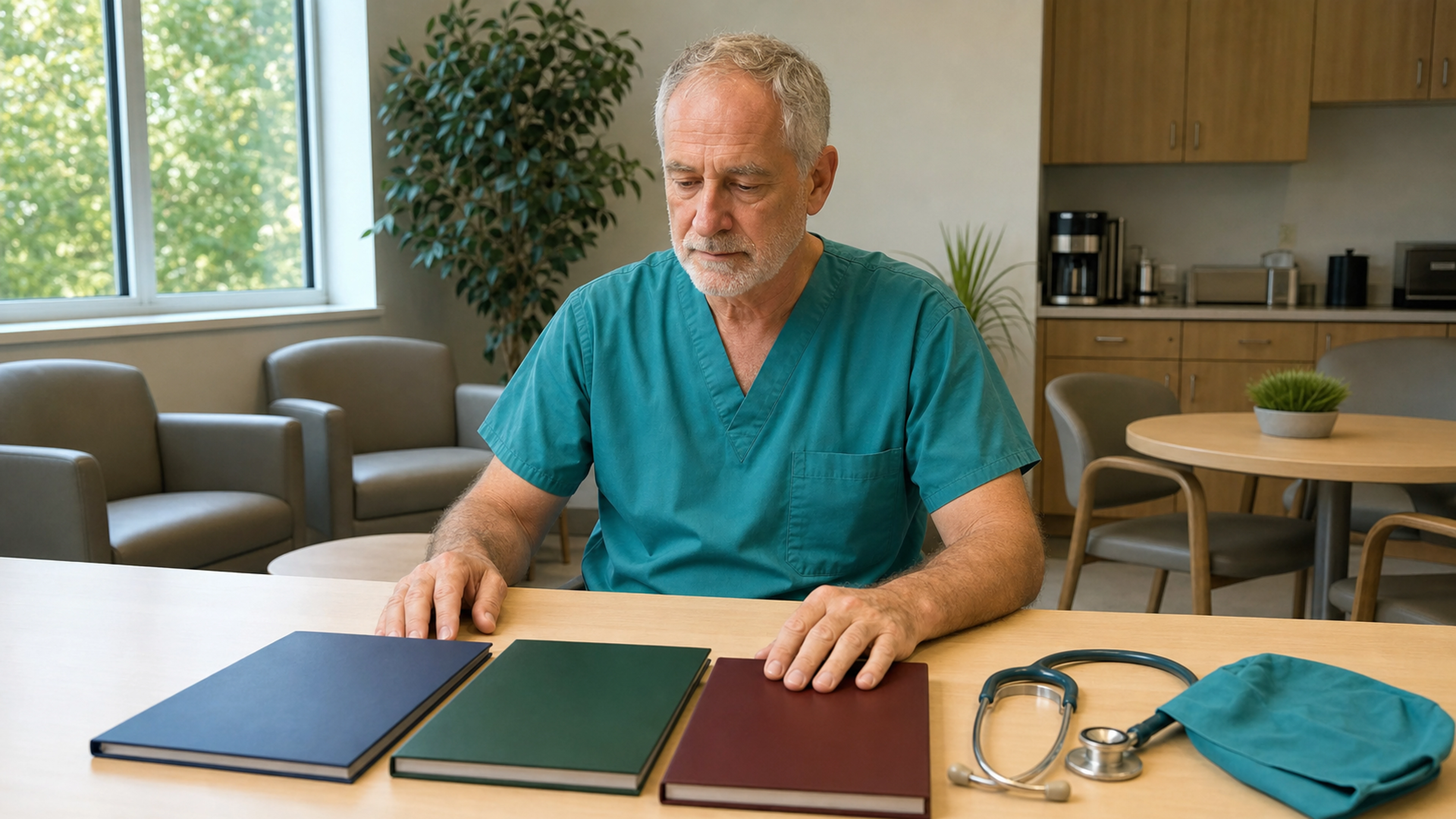 Médecin anesthésiste expérimenté réfléchissant à sa fin de carrière devant trois dossiers fermés