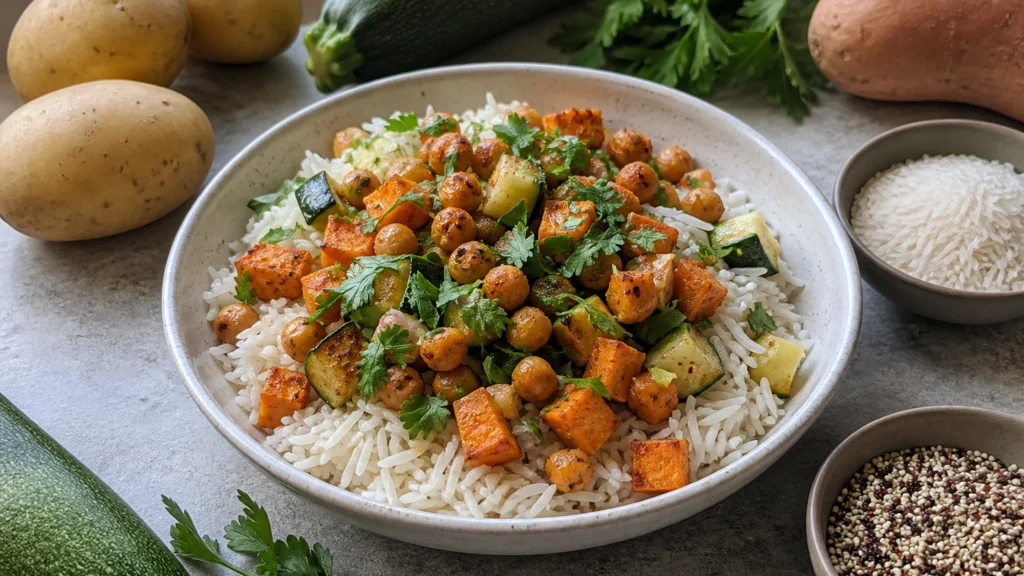 Bol de riz aux pois chiches et légumes rôtis entouré de pommes de terre et de quinoa