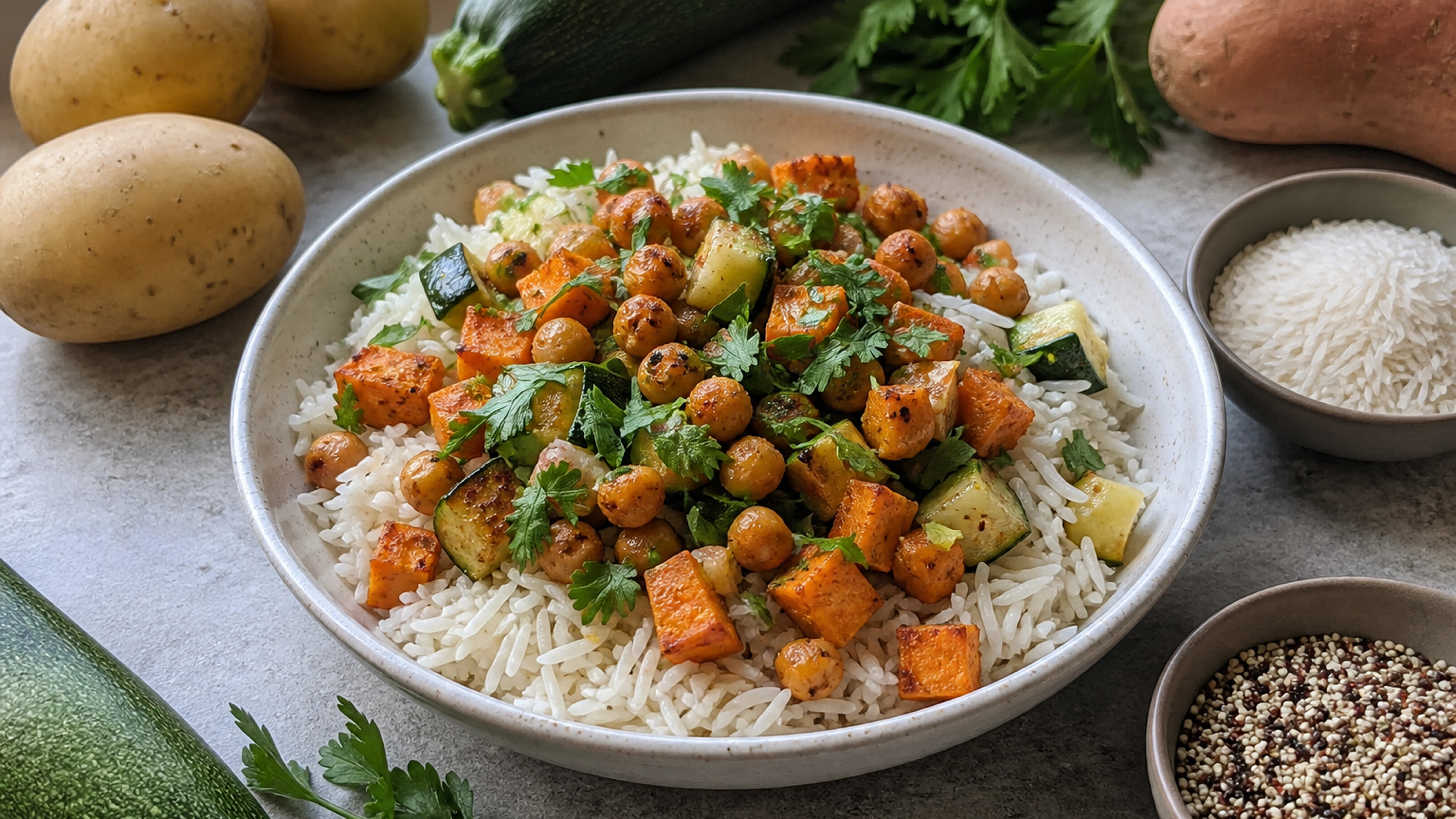 Bol de riz aux pois chiches et légumes rôtis entouré de pommes de terre et de quinoa