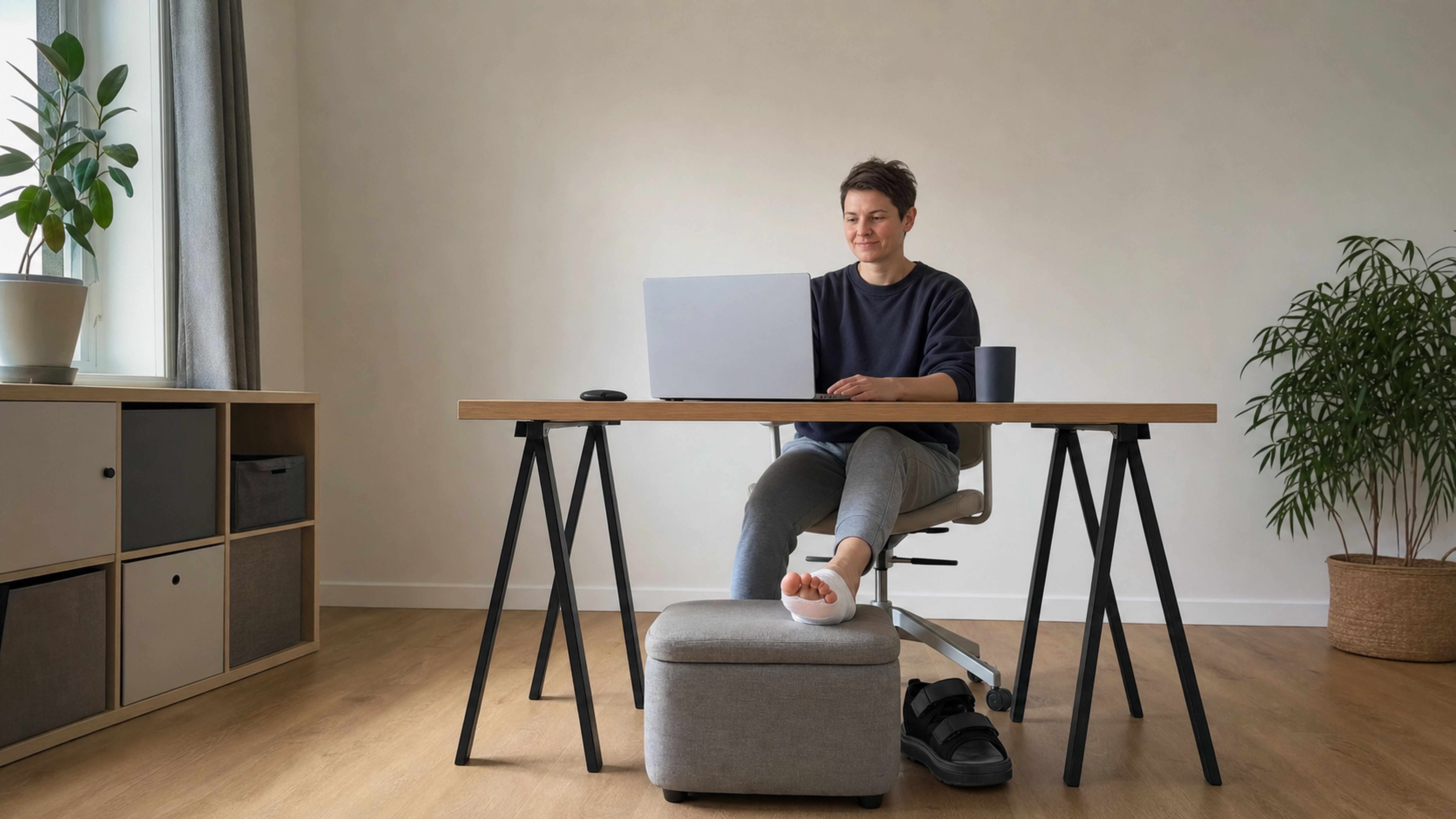 Personne travaillant à domicile avec un pied bandé surélevé pendant sa convalescence