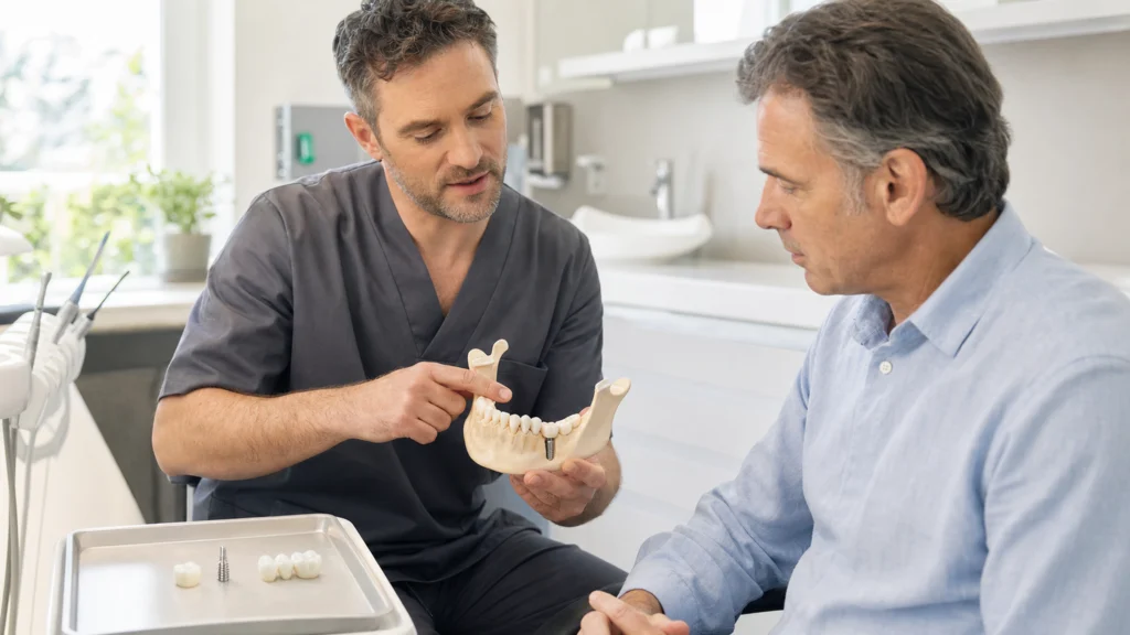 Dentiste présentant à un patient un modèle de mâchoire avec un implant et plusieurs options de prothèse