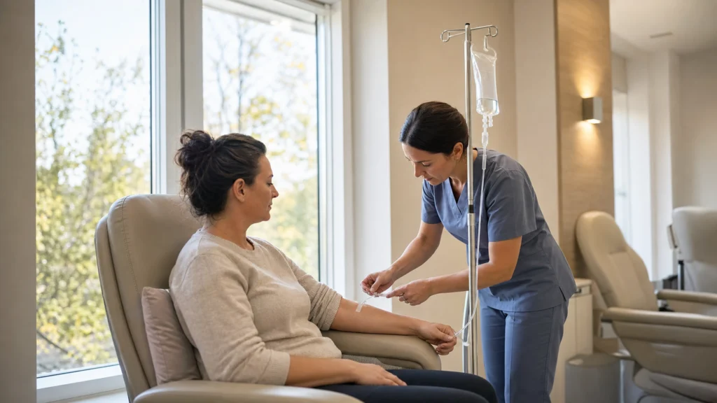 Patiente installée en fauteuil pendant qu’une infirmière vérifie sa perfusion en hôpital de jour