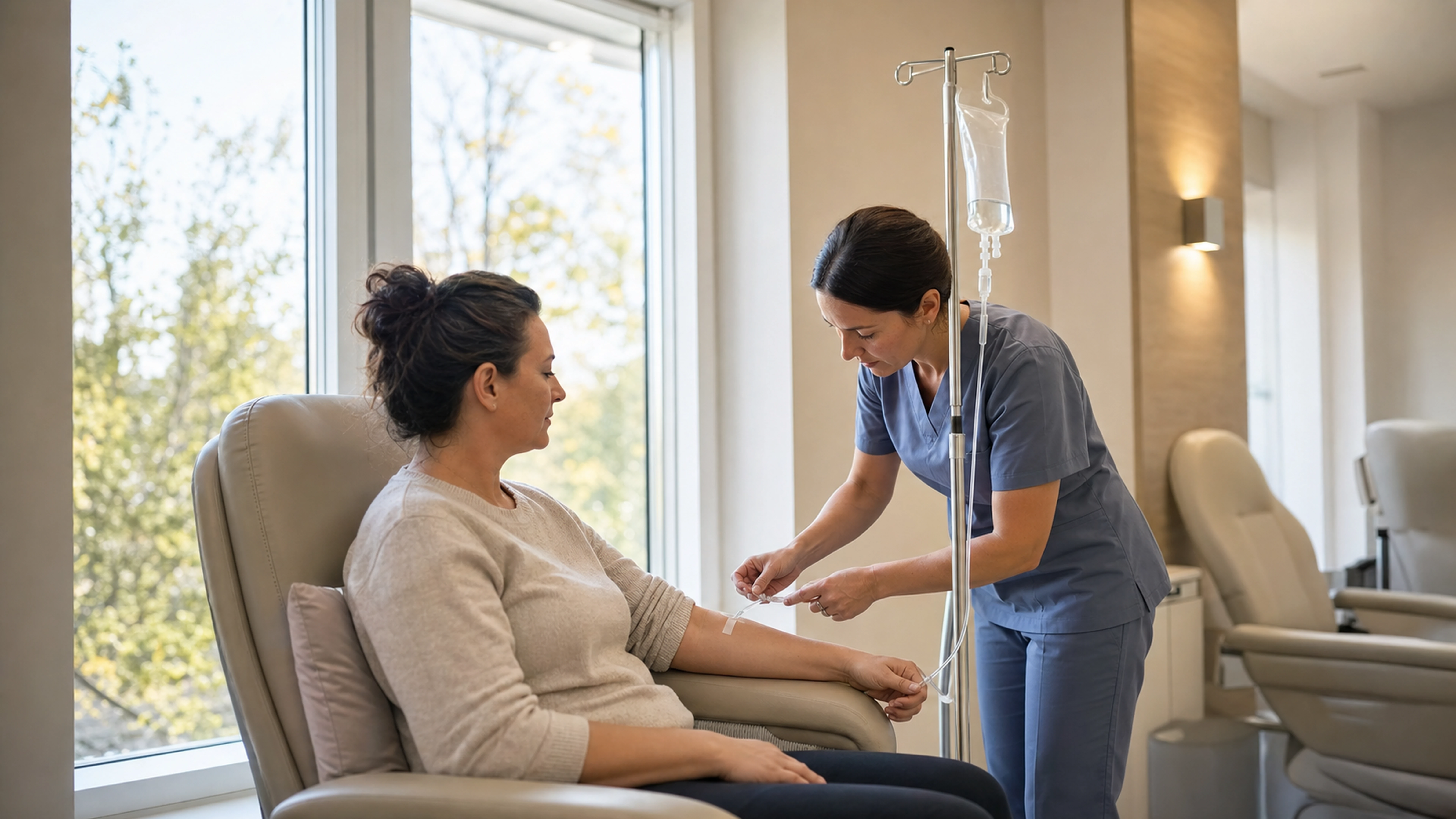 Patiente installée en fauteuil pendant qu’une infirmière vérifie sa perfusion en hôpital de jour