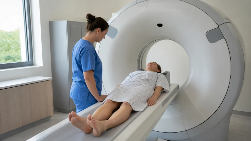 Patiente allongée sur la table d’un scanner auprès d’une manipulatrice en radiologie