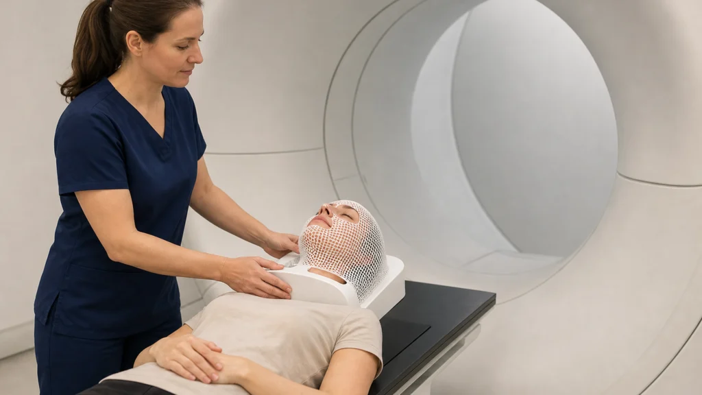 Une soignante ajuste le masque de contention d’une patiente dans une salle de protonthérapie