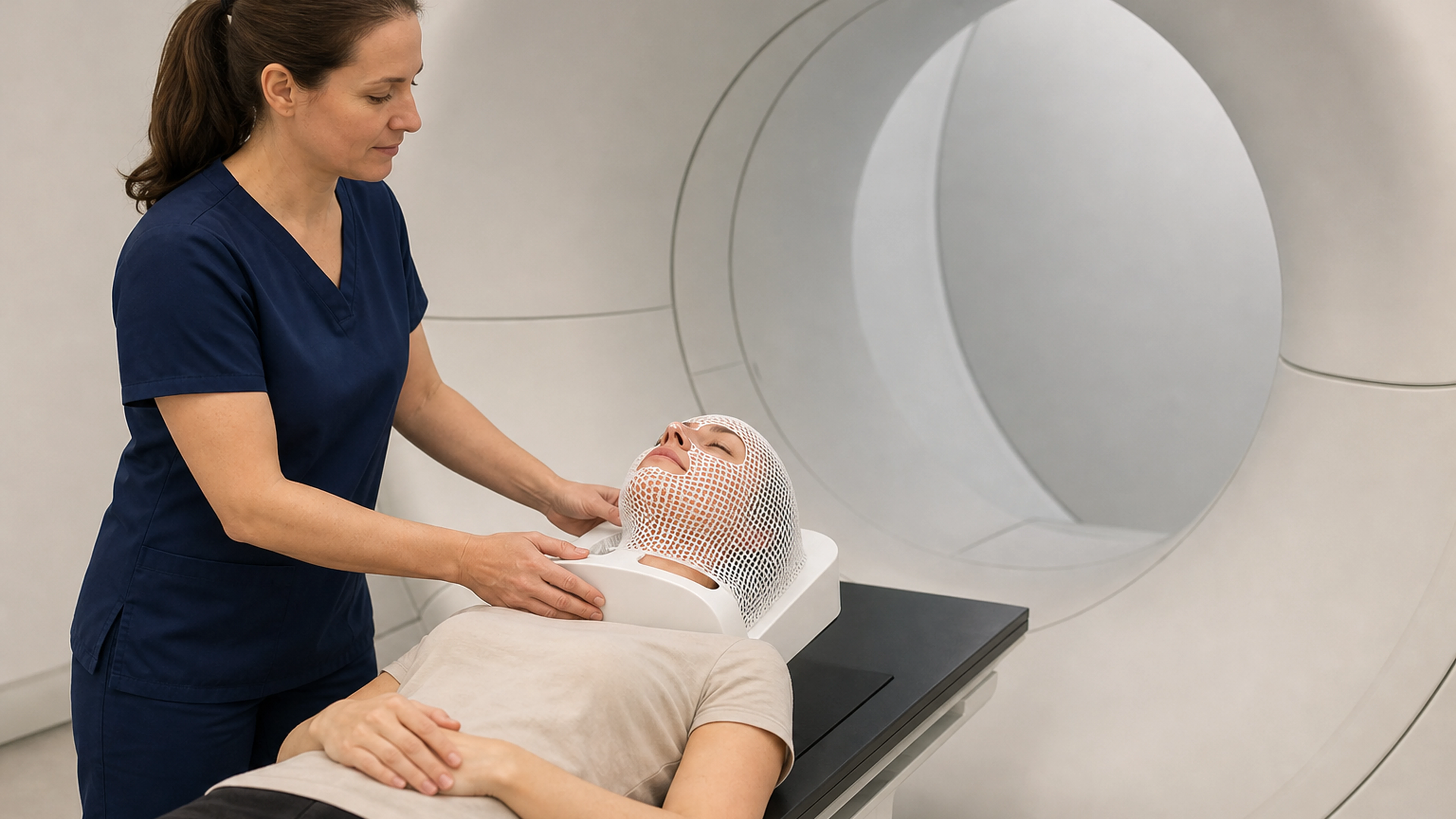 Une soignante ajuste le masque de contention d’une patiente dans une salle de protonthérapie