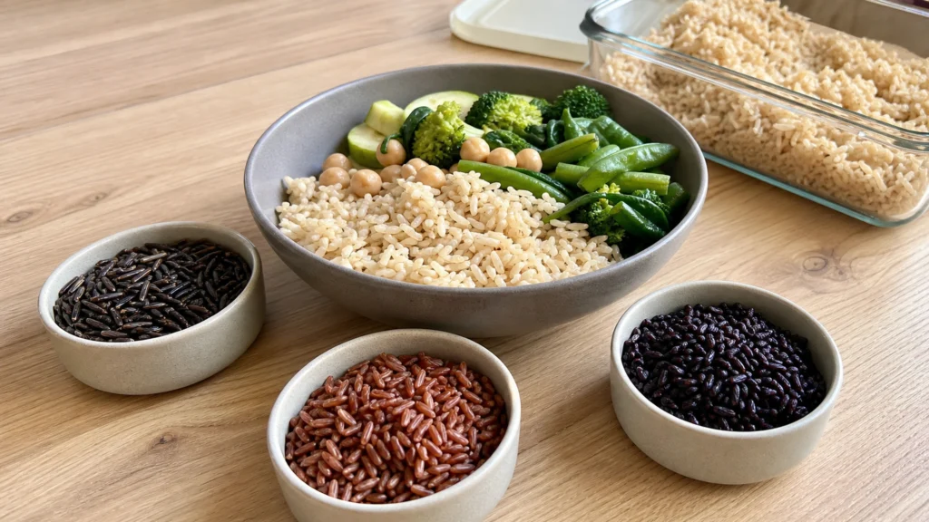 Bol de riz basmati complet avec pois chiches, légumes verts et différentes variétés de riz
