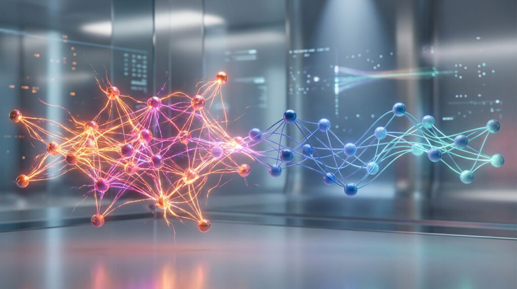 Représentation 3D de structures moléculaires opposées, l'une en orange vibrant et l'autre en bleu, dans un laboratoire.