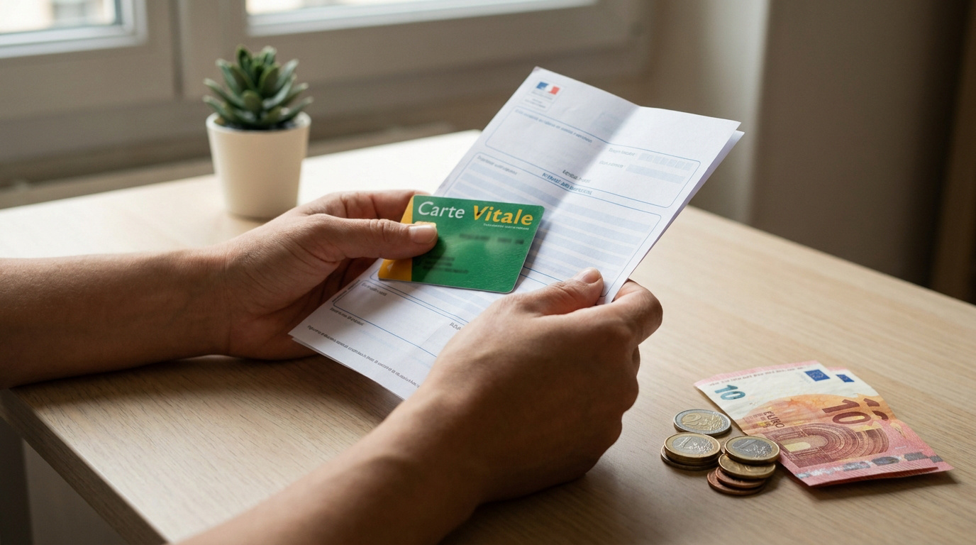 Mains tenant une carte Vitale et une feuille de soins avec des billets et pièces en euros sur une table.