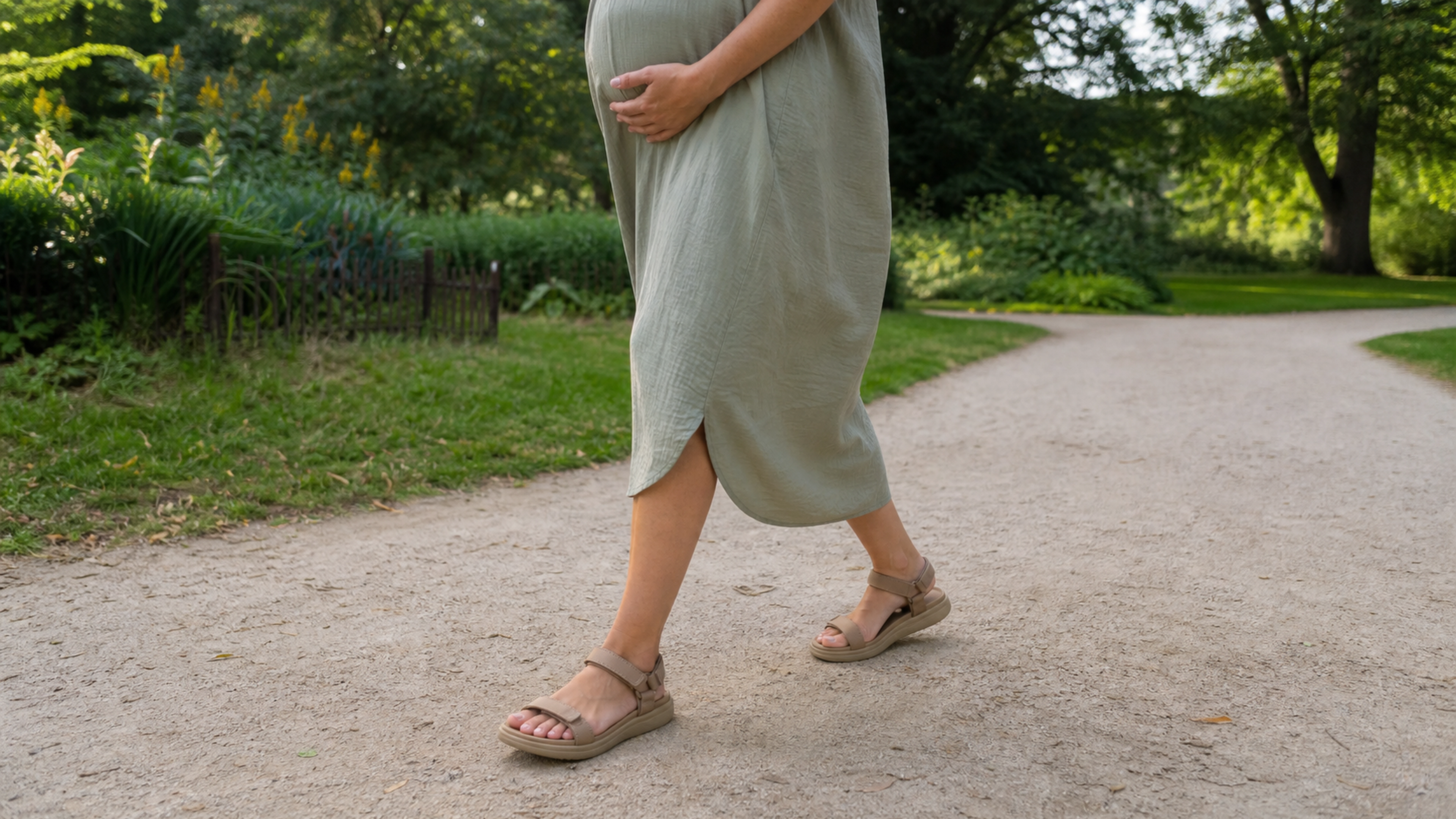 Femme enceinte marchant dans un parc avec des sandales d'été à brides larges