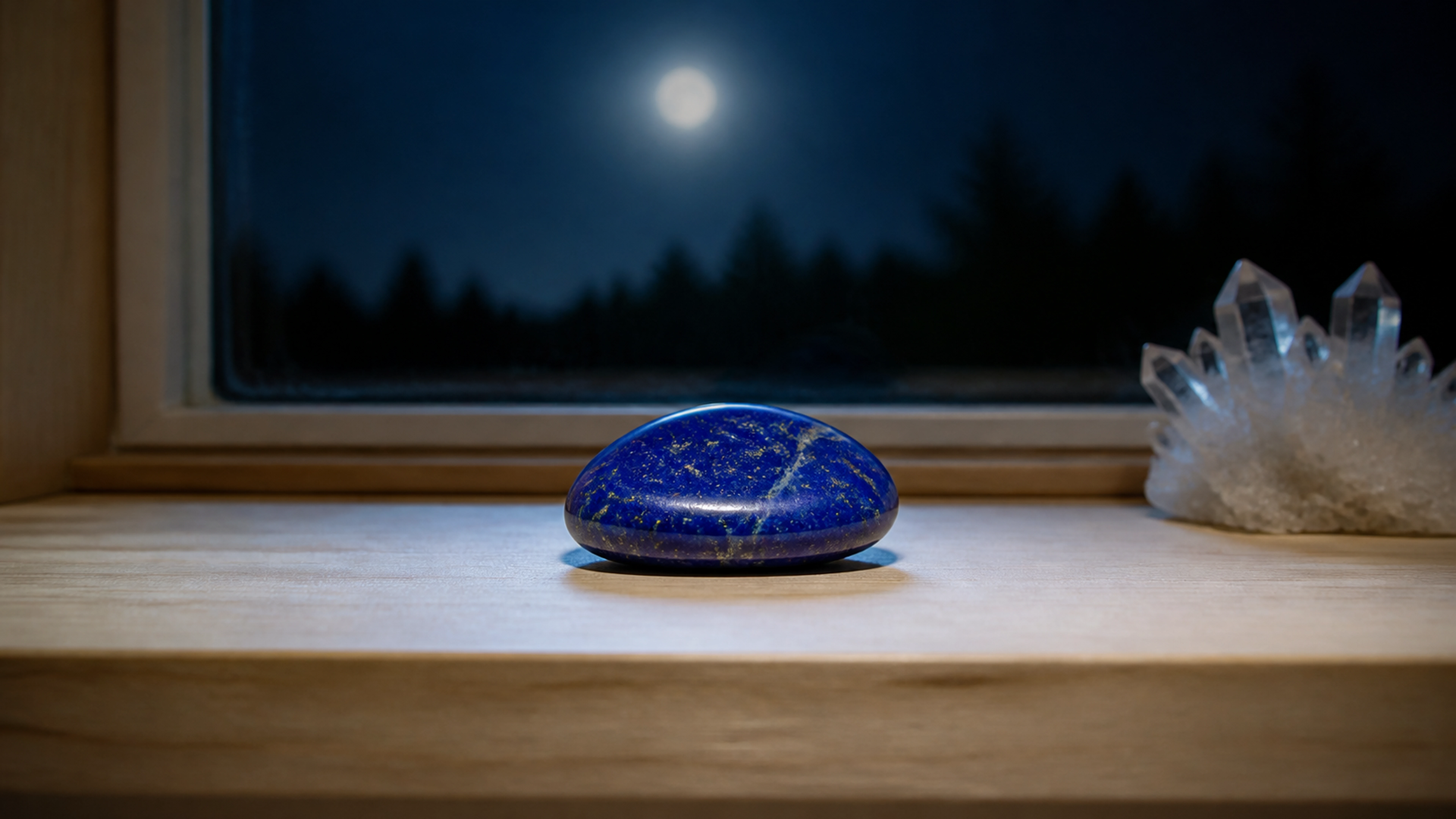 Pierre de lapis-lazuli posée sur un rebord de fenêtre à la lumière de la pleine lune