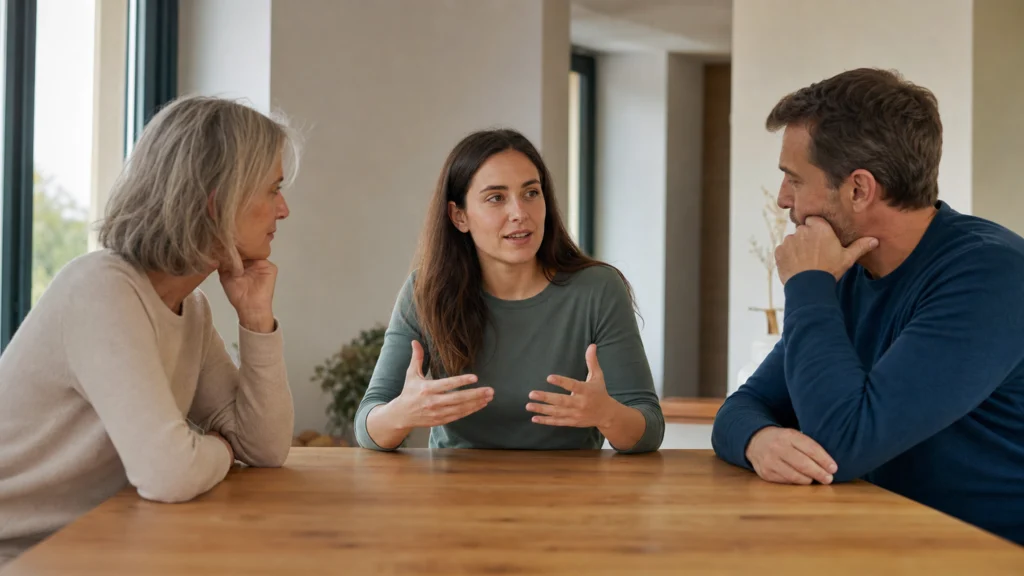 Une femme échange calmement avec deux proches autour d’une table familiale