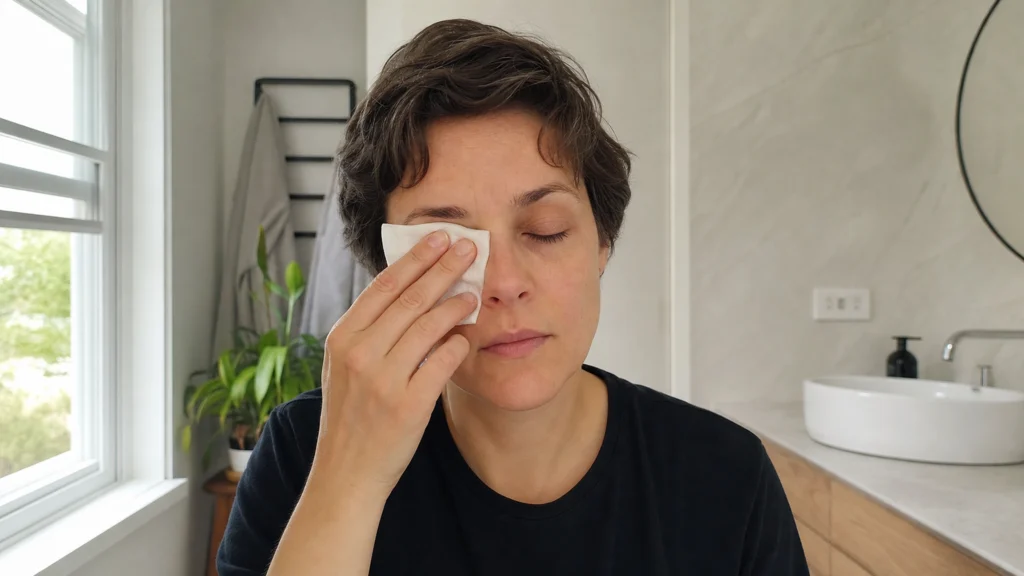 Personne appliquant une compresse propre sur un œil irrité dans une salle de bain lumineuse