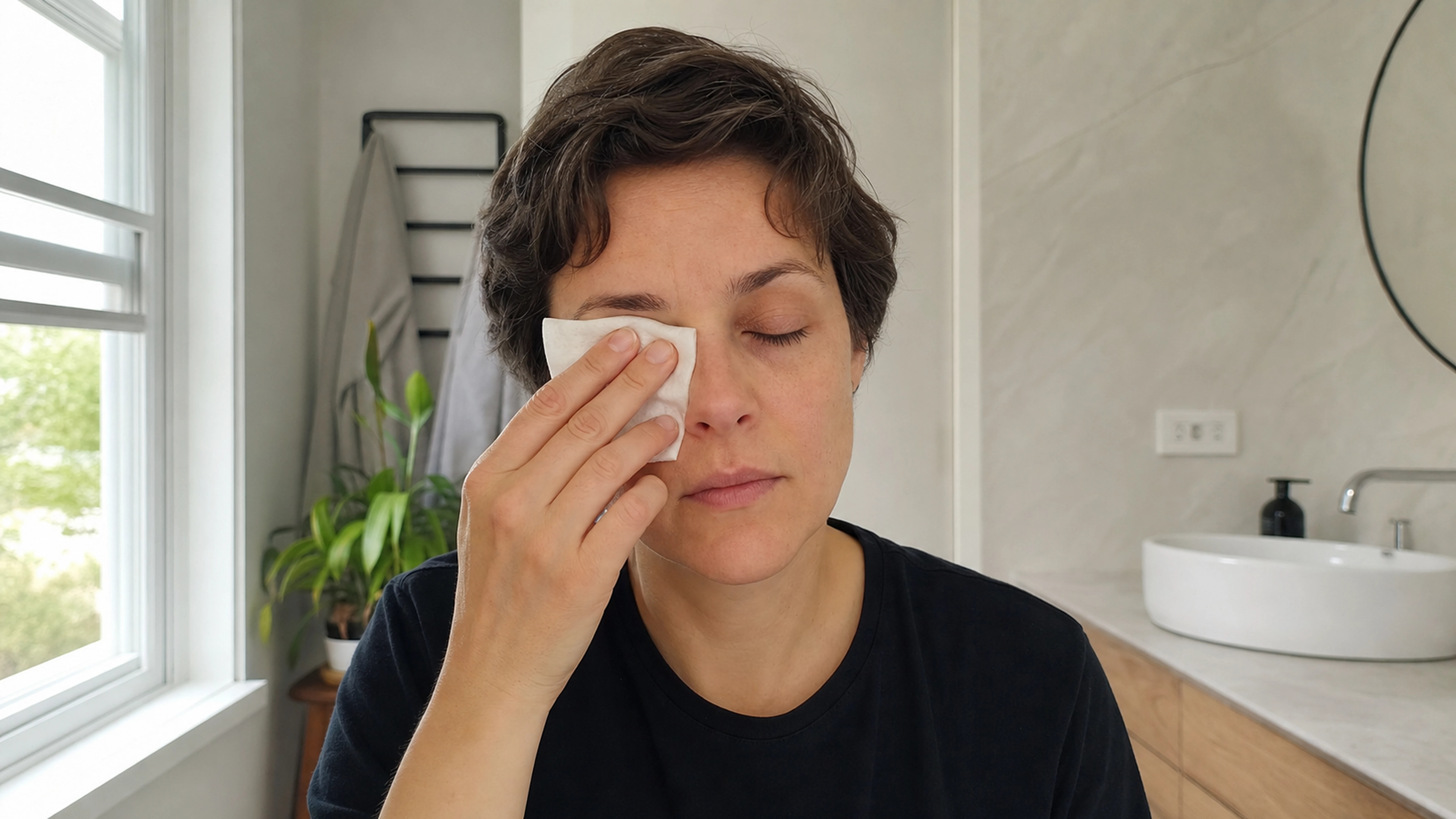 Personne appliquant une compresse propre sur un œil irrité dans une salle de bain lumineuse