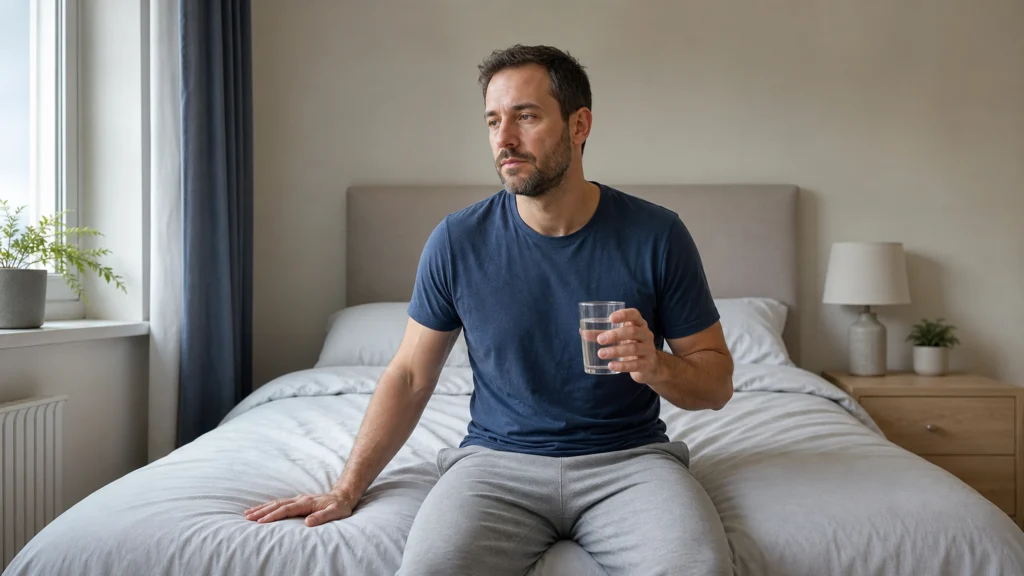 Homme assis sur son lit au réveil, un verre d’eau à la main, dans une chambre éclairée par la lumière naturelle.