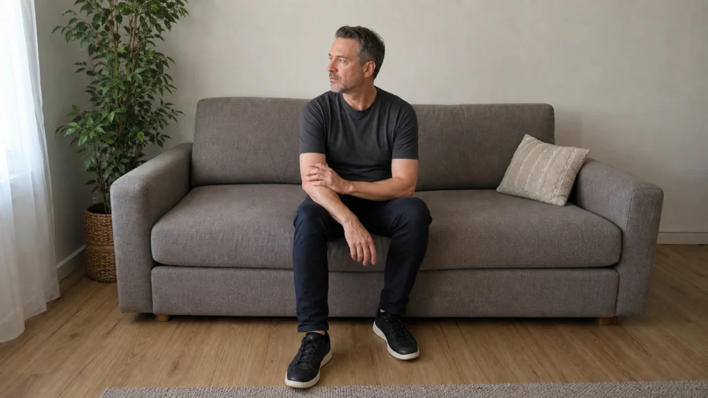 Homme assis touchant son avant-bras gauche, les deux jambes visibles dans un salon