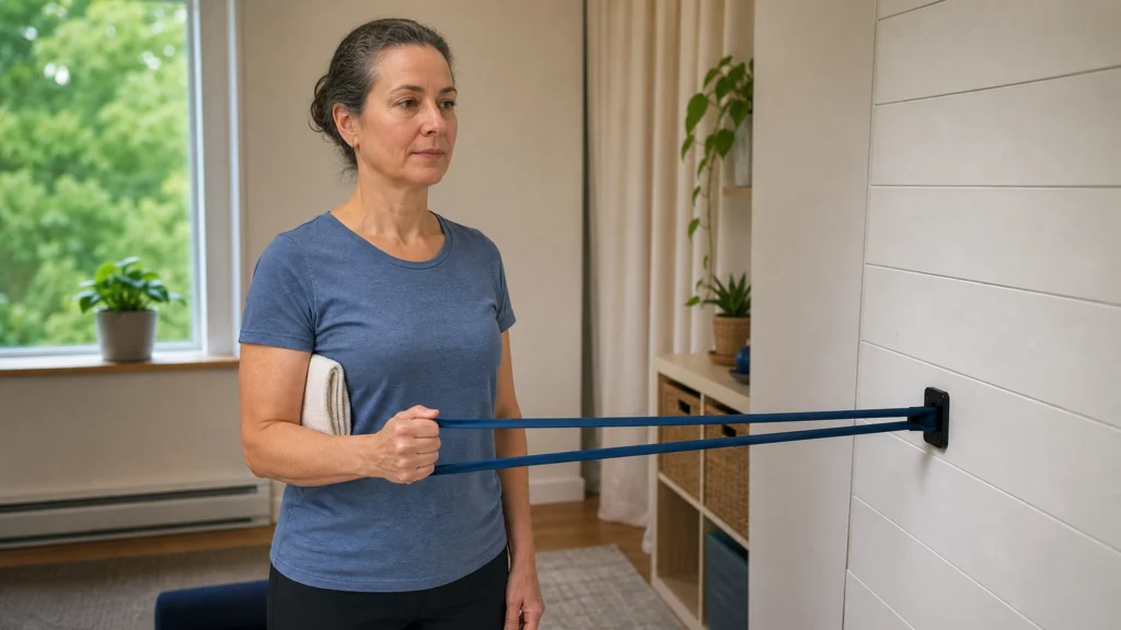 Femme réalisant une rotation externe de l’épaule avec un élastique