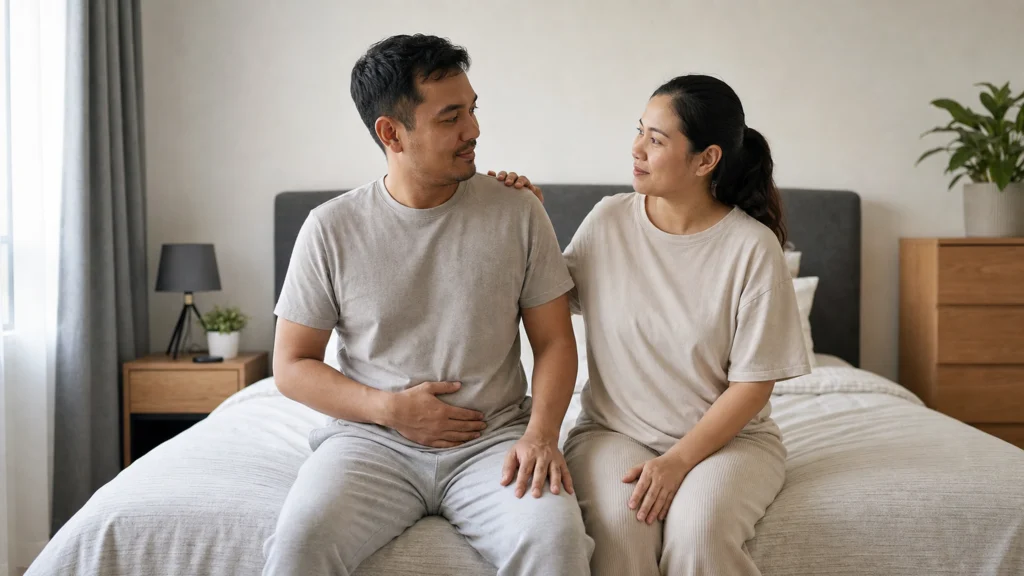 Couple assis sur un lit, l’un posant la main sur son abdomen pendant sa convalescence