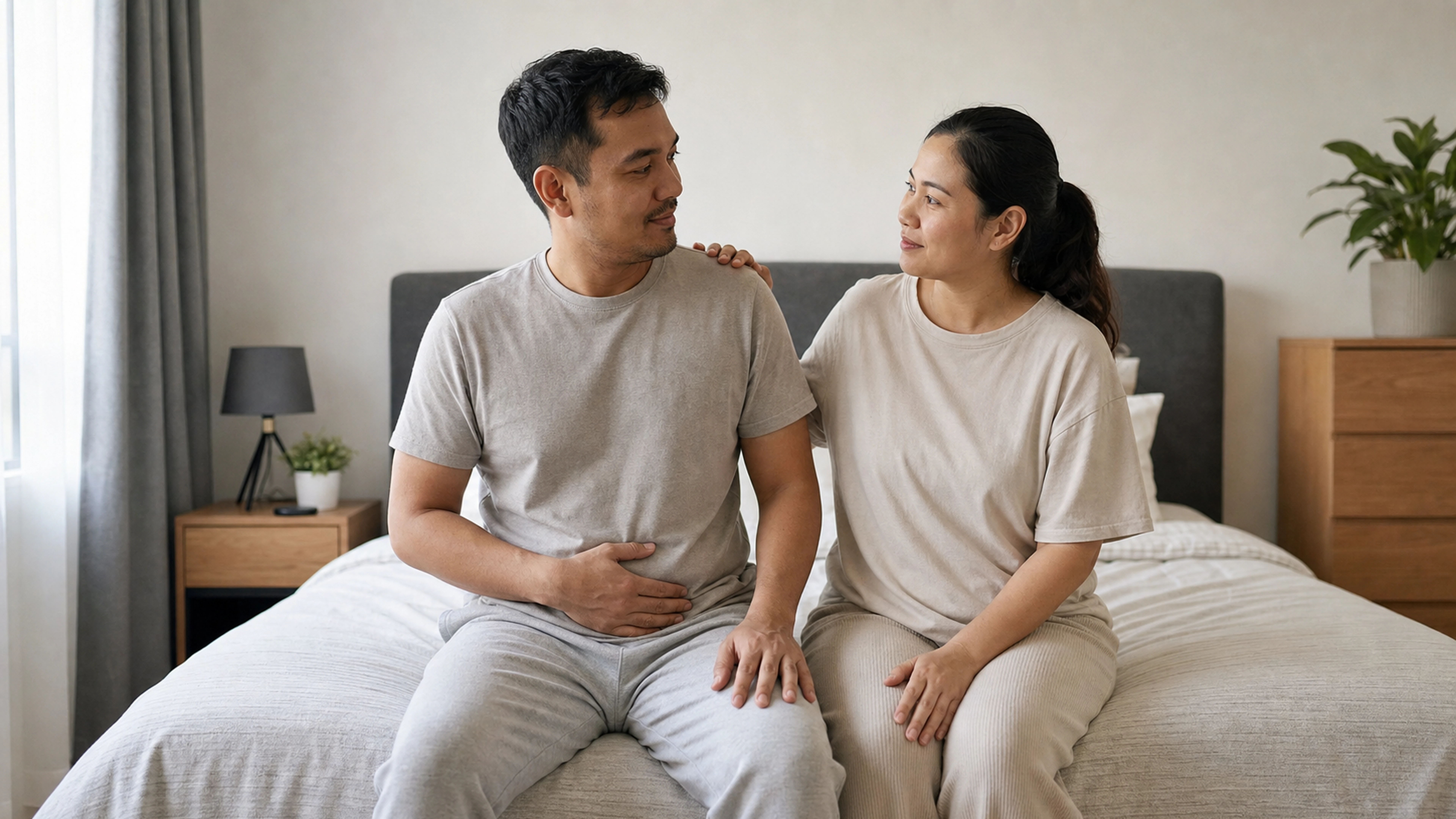 Couple assis sur un lit, l’un posant la main sur son abdomen pendant sa convalescence