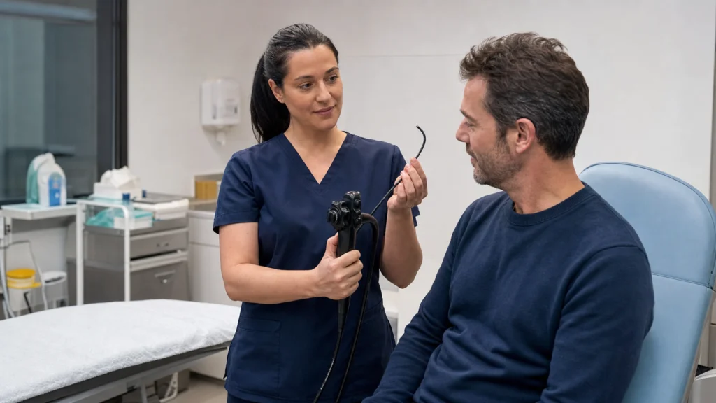 Gastro-entérologue présentant un endoscope transnasal à un patient avant une nasogastroscopie