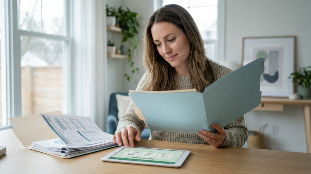 Une femme consulte un dossier médical et une tablette numérique chez elle.