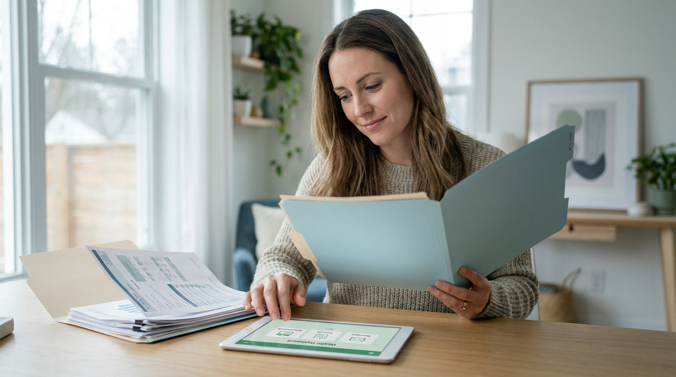 Une femme consulte un dossier médical et une tablette numérique chez elle.