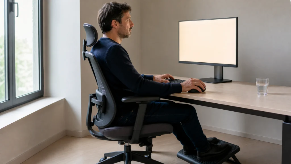 Professionnel installé à un poste de travail ergonomique avec écran surélevé et repose-pieds