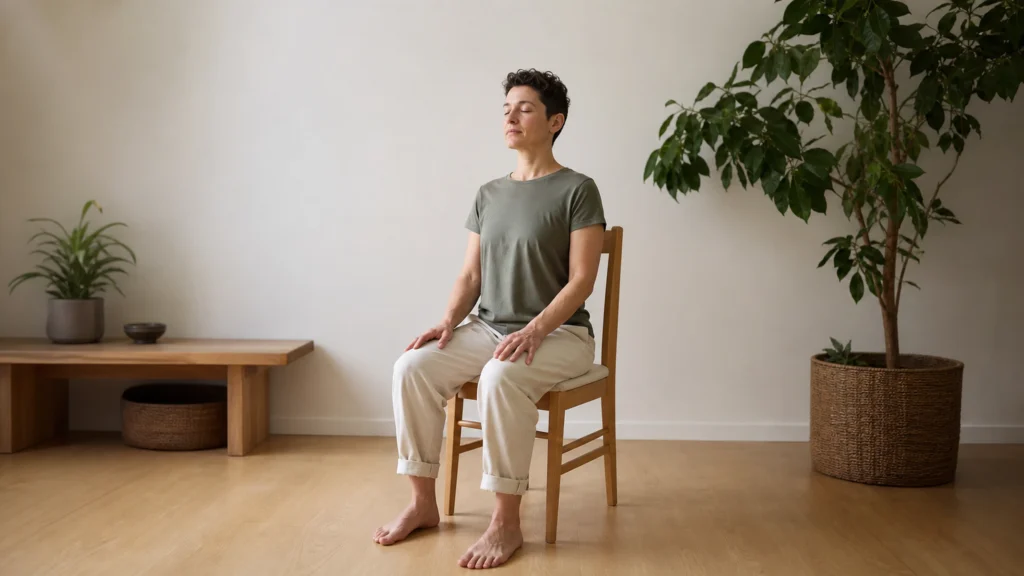 Personne assise sur une chaise, les pieds au sol, pendant une méditation d’ancrage