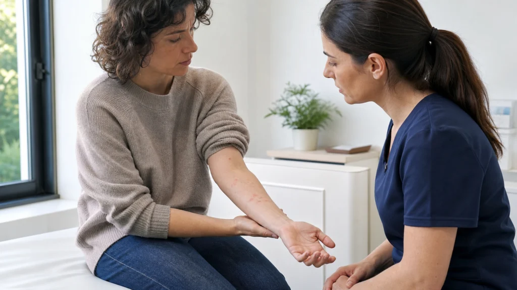 Une professionnelle de santé observe des plaques rouges discrètes sur l’avant-bras d’une patiente.