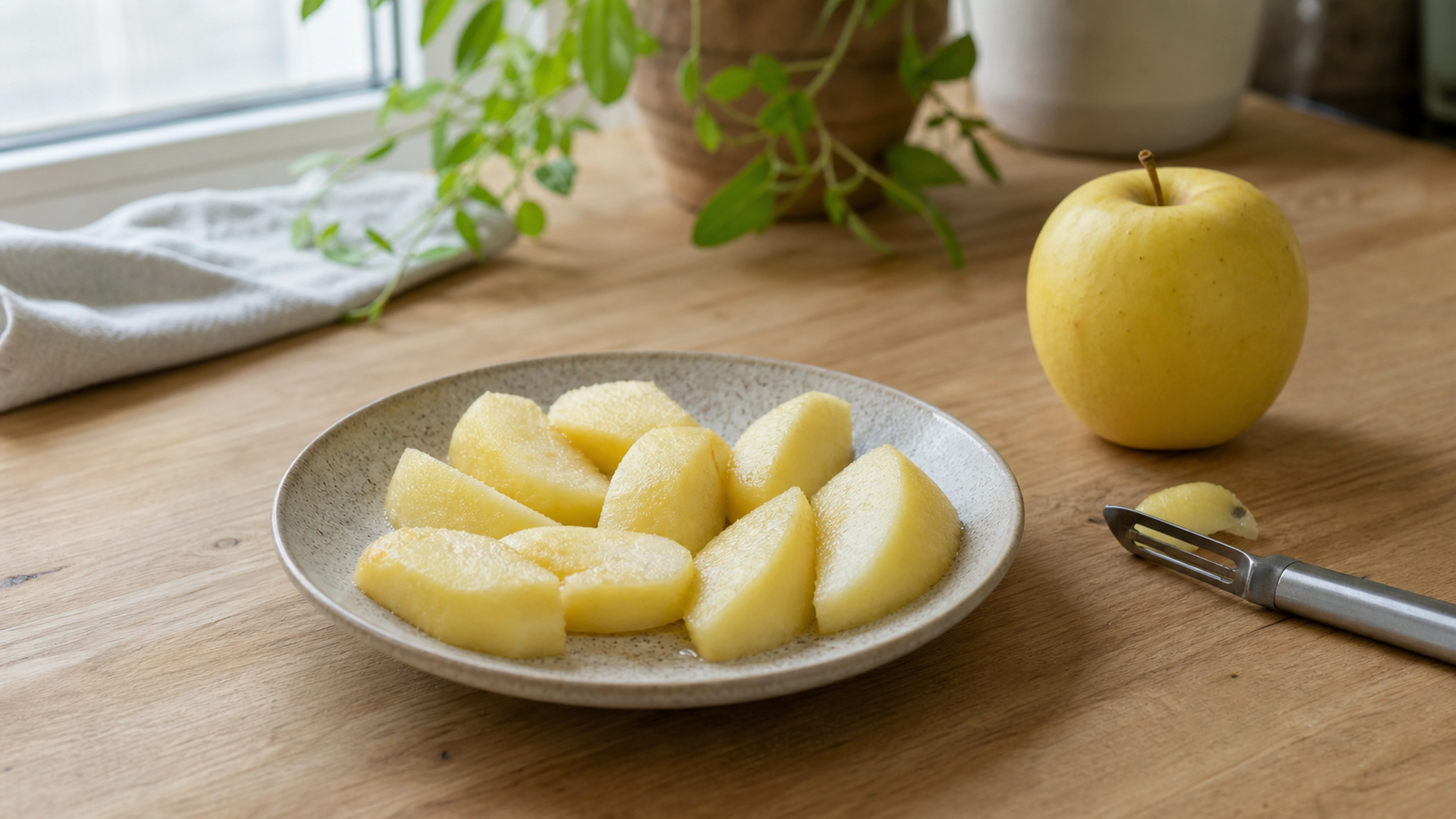 Quartiers de pomme jaune épluchée dans une assiette, avec une pomme entière et un économe