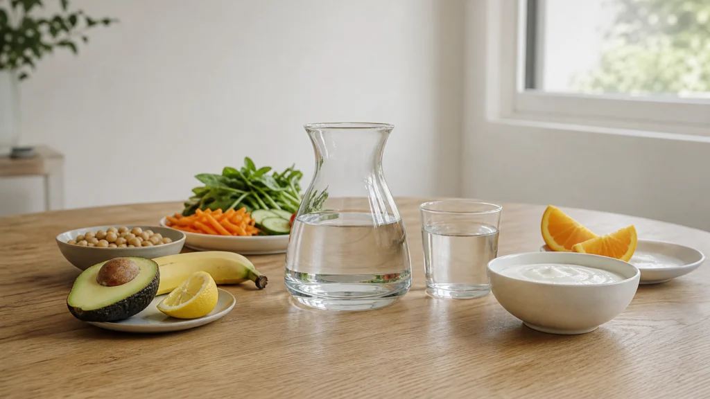 Carafe et verre d’eau entourés de fruits, légumes, légumineuses et yaourt sur une table