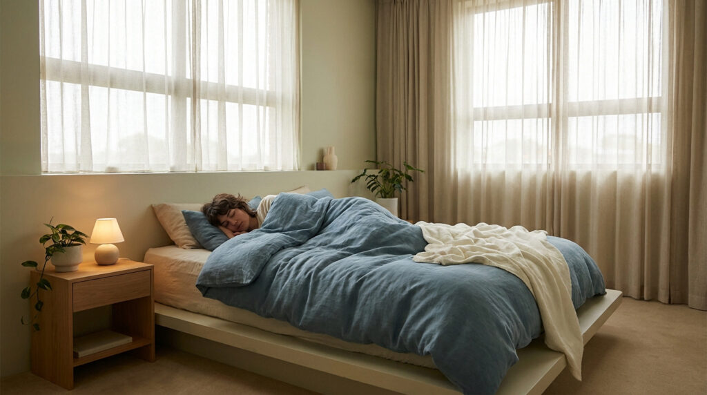 Une personne dort paisiblement dans un lit douillet avec une parure de lit bleue, dans une chambre lumineuse et apaisante.