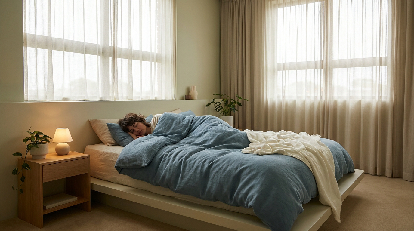 Une personne dort paisiblement dans un lit douillet avec une parure de lit bleue, dans une chambre lumineuse et apaisante.