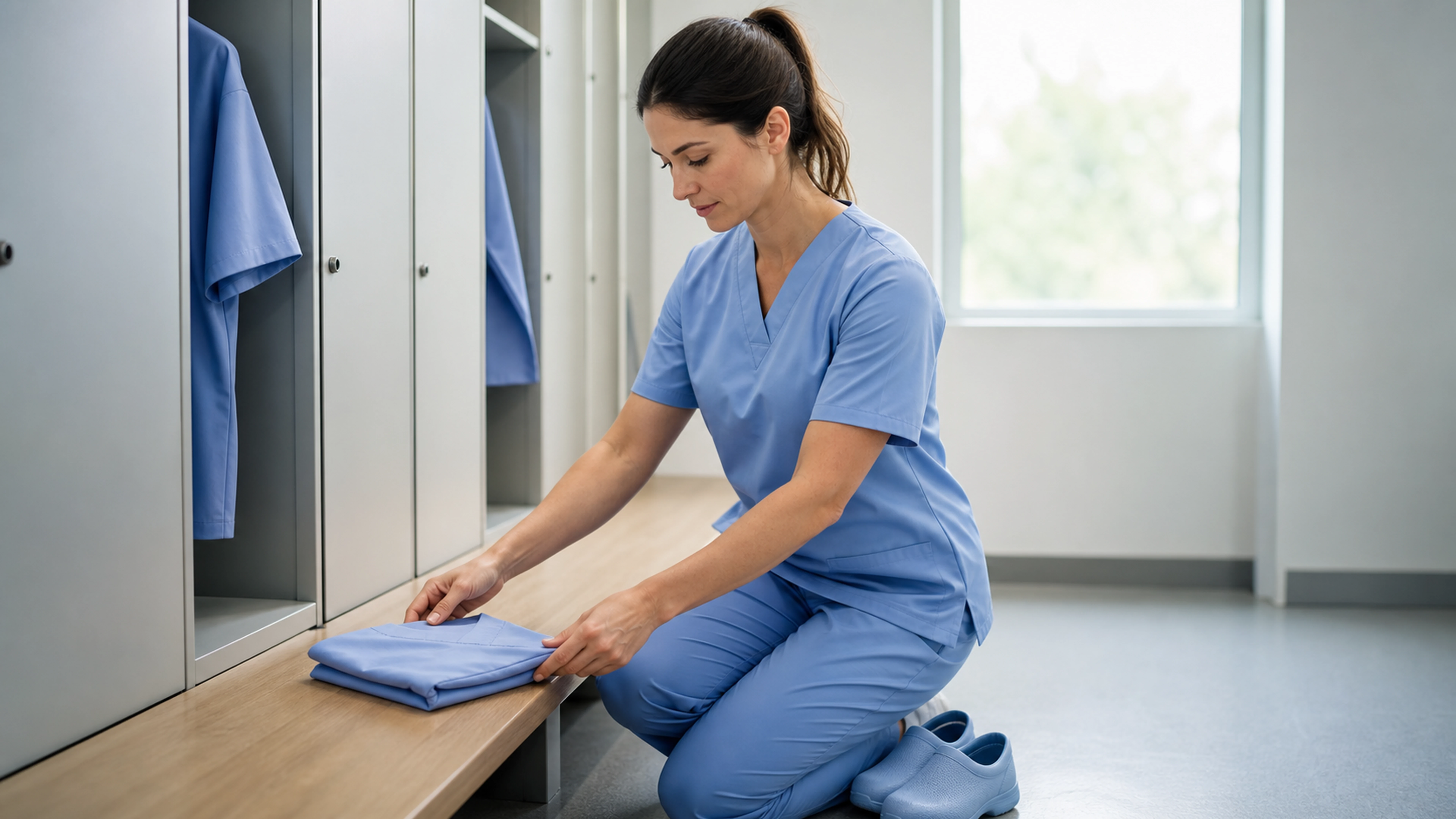 Professionnelle de santé pliant une tenue hospitalière propre dans un vestiaire lumineux