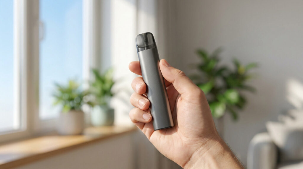 Une main tient un pod électronique gris minimaliste, avec une fenêtre lumineuse et des plantes en arrière-plan.