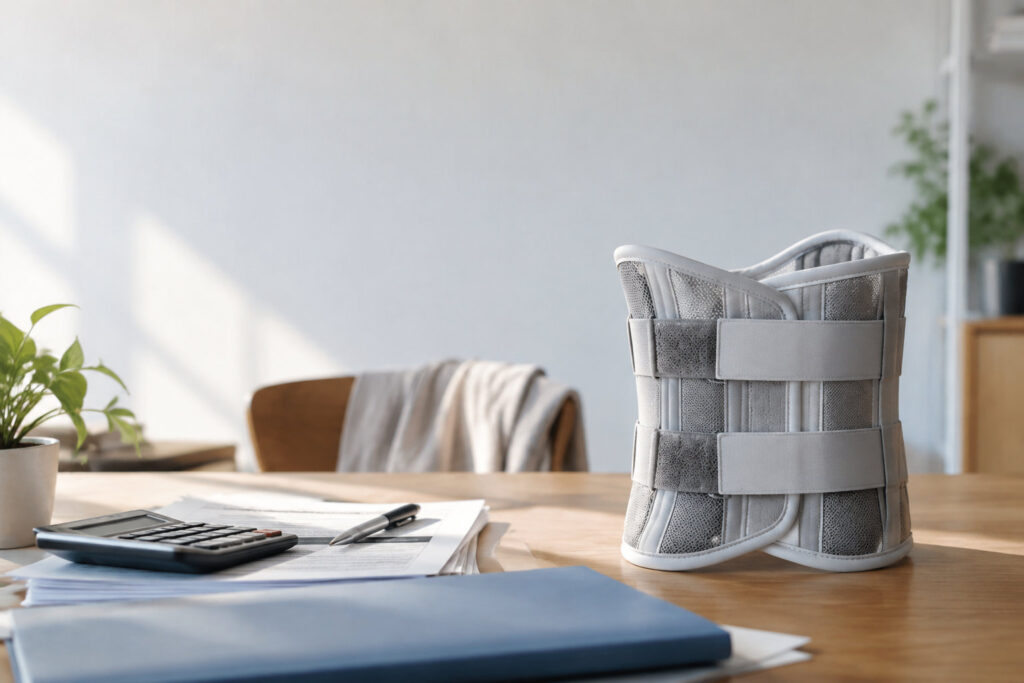 Un corset orthopédique posé sur un bureau à côté d'une calculatrice et de documents administratifs.