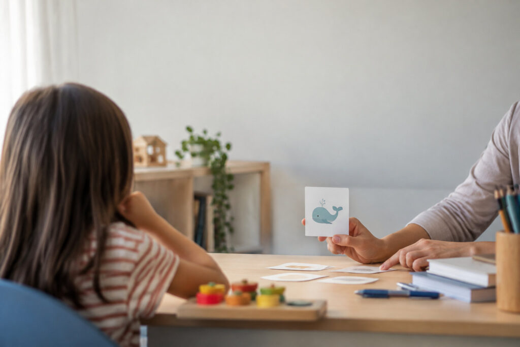 Une enfant regarde une orthophoniste montrant une carte avec un dessin de baleine lors d'une séance de rééducation.