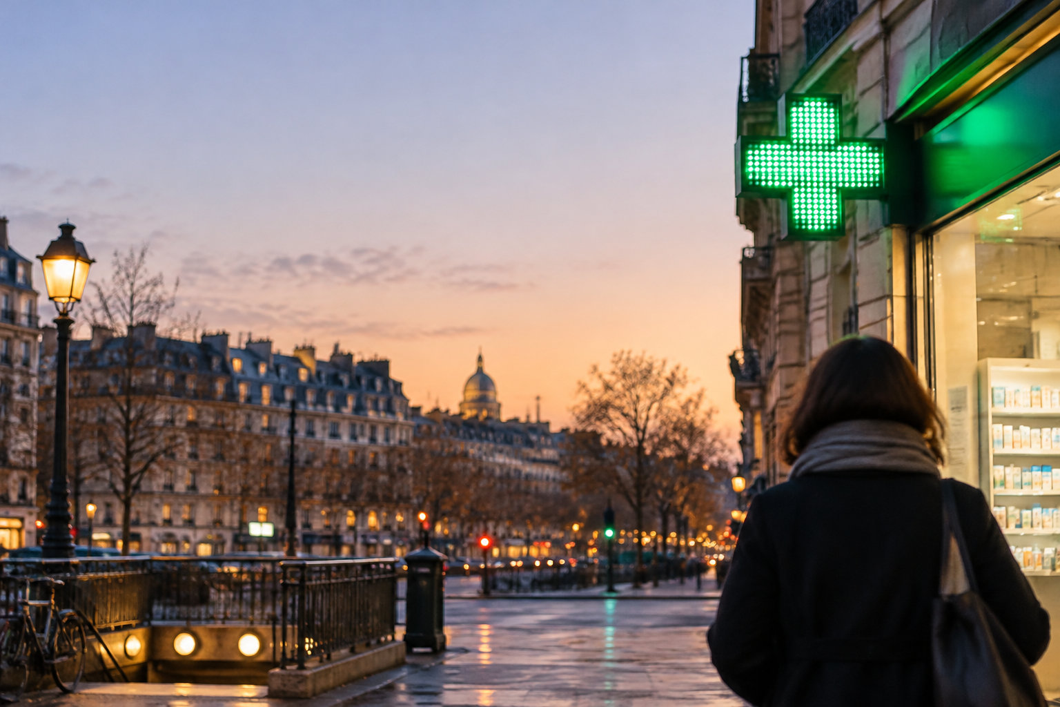 Une personne regarde la vitrine d'une pharmacie à Paris, marquée par une croix verte lumineuse au coucher du soleil.