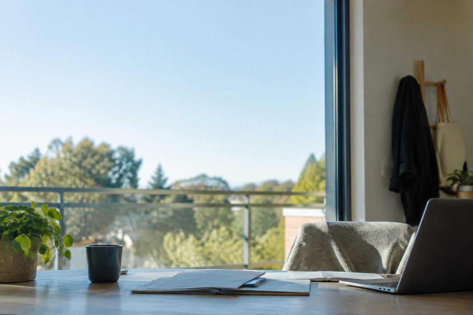 Un bureau avec un ordinateur, une tasse et des documents face à une grande fenêtre donnant sur des arbres.