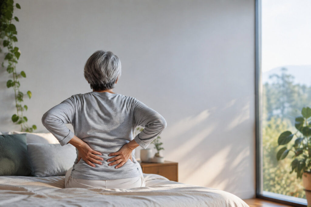 Une femme âgée assise sur son lit, les mains posées sur son bas du dos, souffrant de douleurs lombaires.