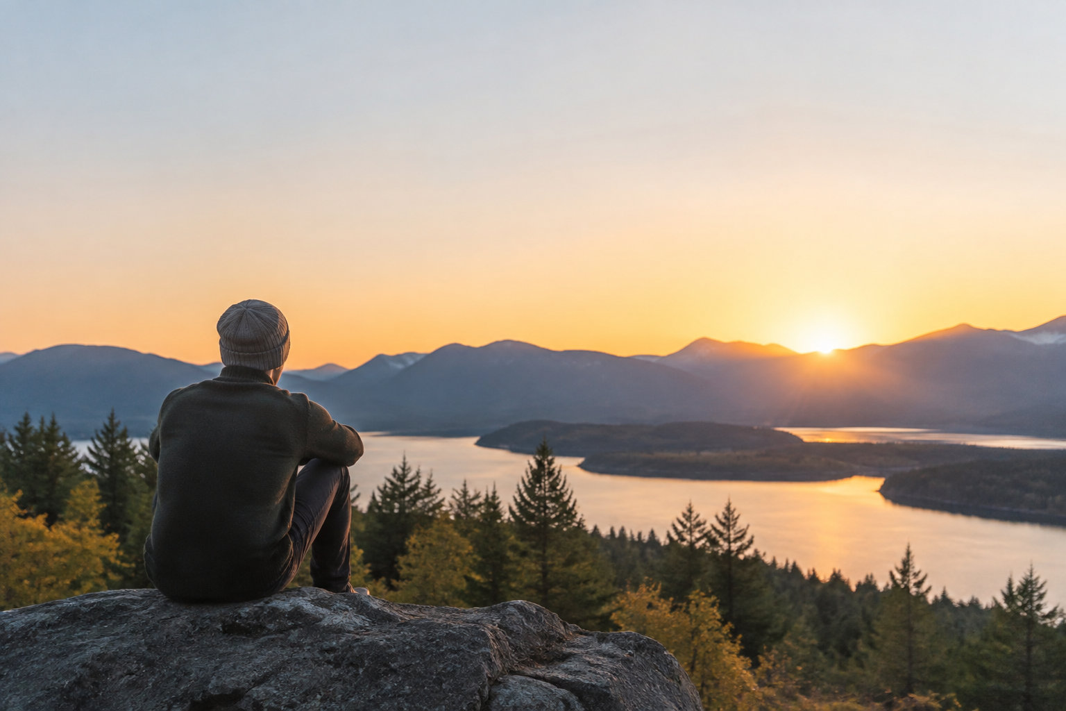 Une personne assise sur un rocher face à un lever de soleil sur un lac entouré de montagnes et de forêt.