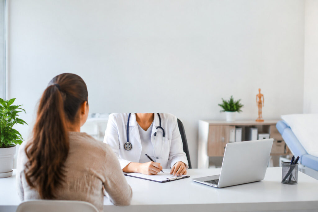 Une patiente en consultation médicale avec un médecin dans un cabinet moderne et lumineux.