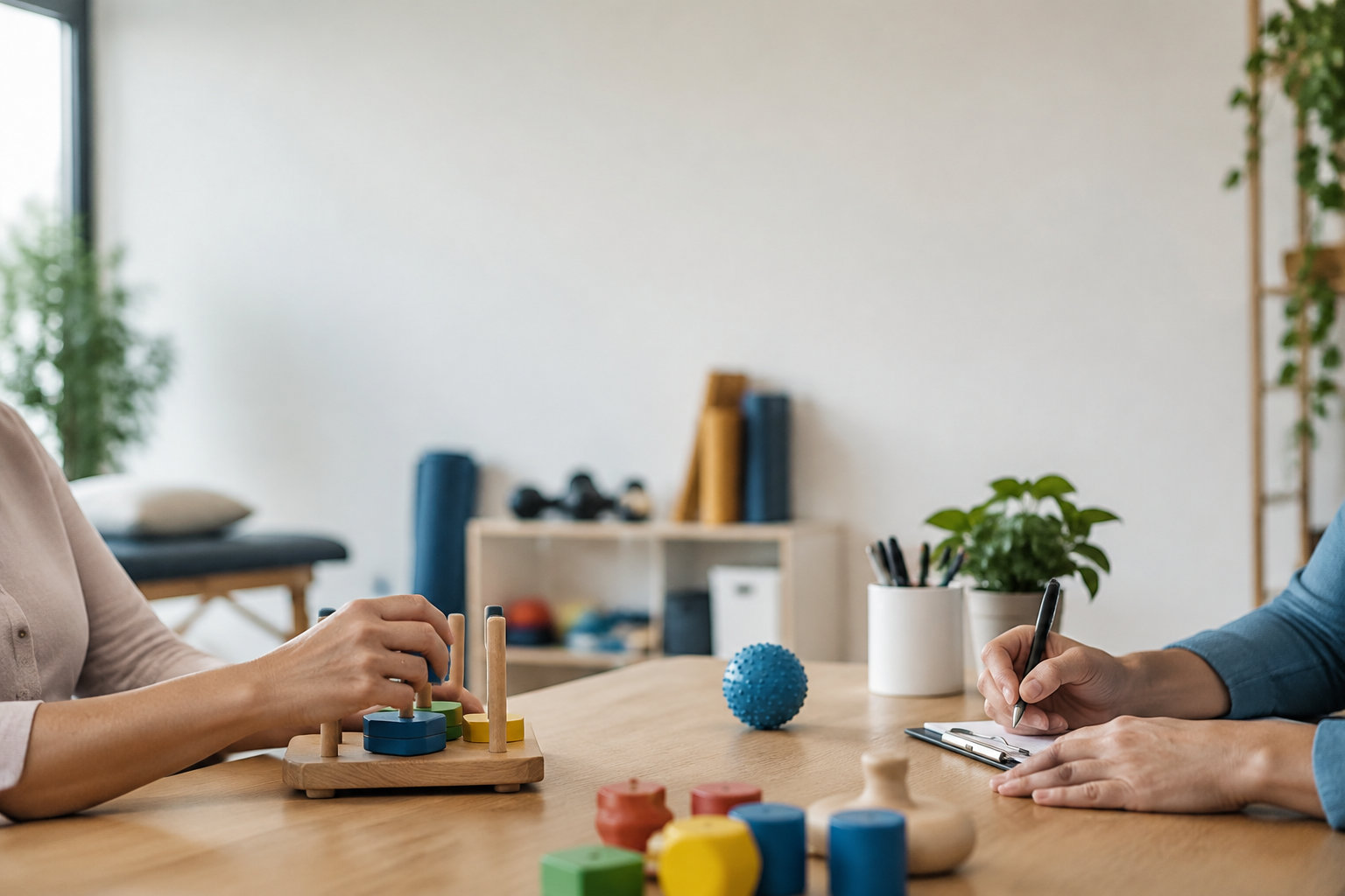 Une ergothérapeute observe un patient manipulant des objets en bois colorés lors d'une séance de rééducation.