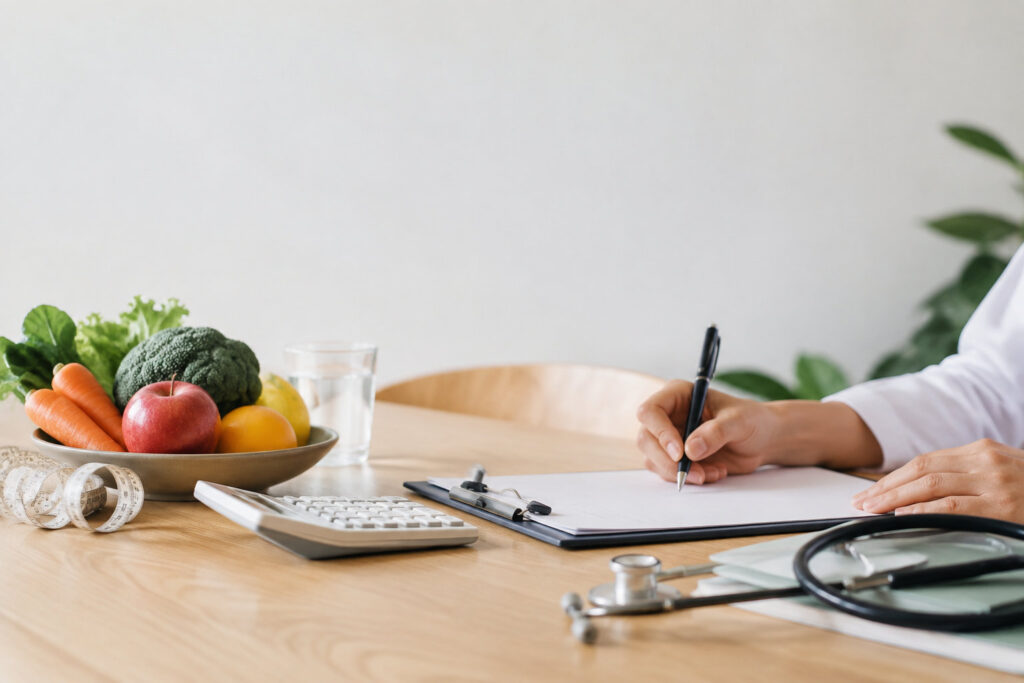 Un professionnel de santé écrit sur un bloc-notes à côté d'une assiette de fruits et légumes et d'un stéthoscope.