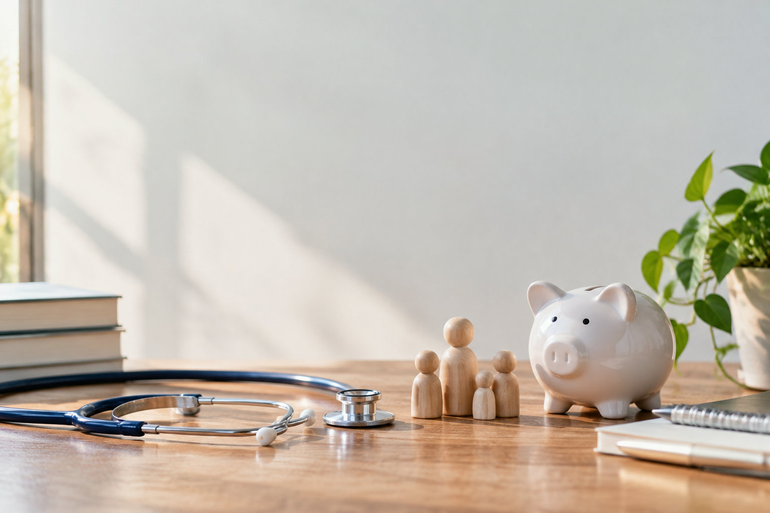 Stéthoscope, tirelire en forme de cochon et figurines en bois sur un bureau ensoleillé.