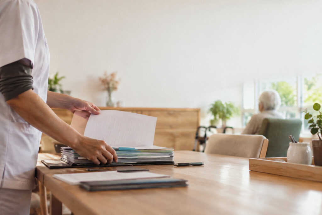 Un soignant consulte un dossier médical volumineux posé sur une table en bois, une personne âgée est assise en arrière-plan.